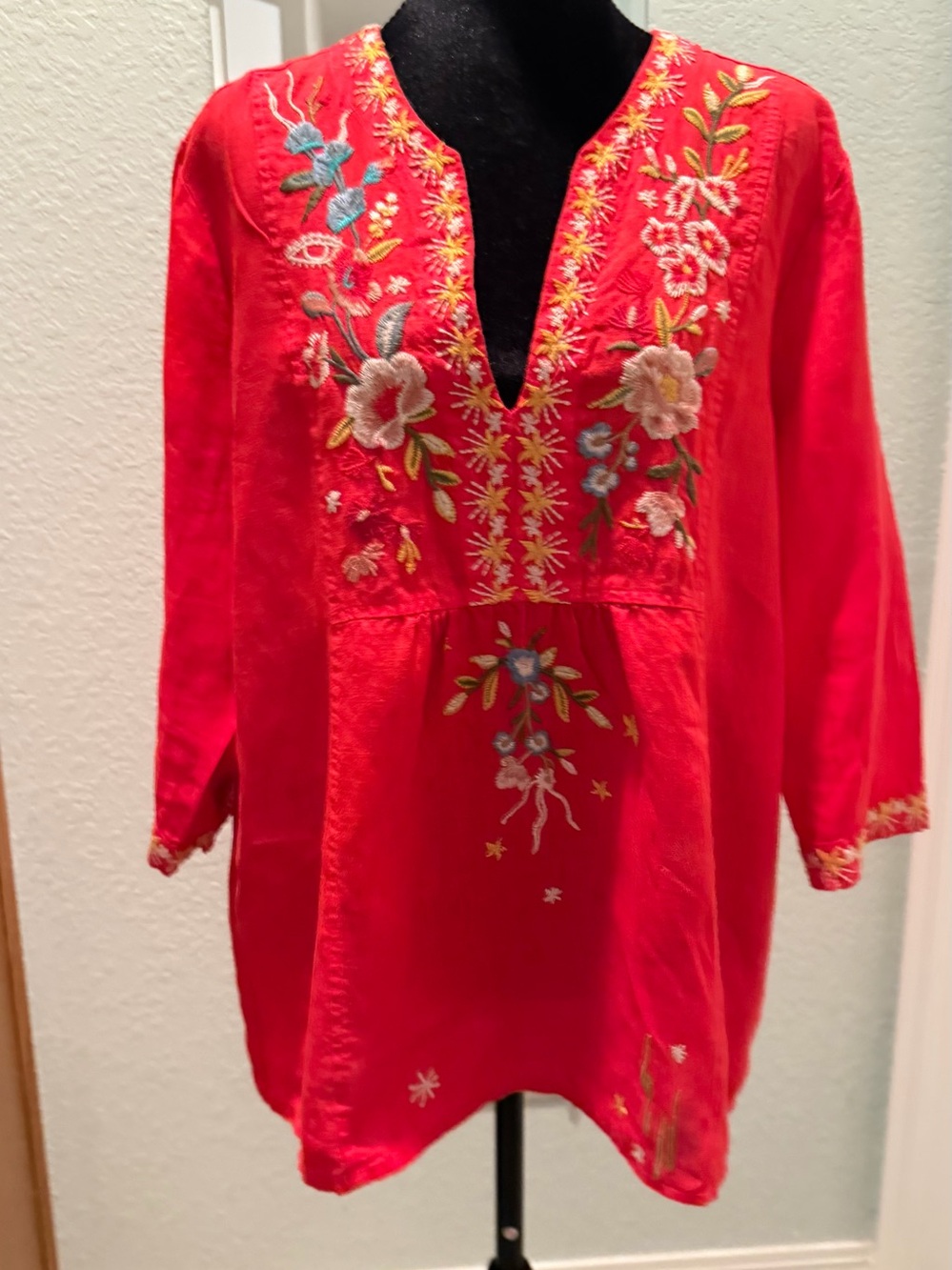 Johnny Was Red Embroidered V-Neck Tunic with Floral Accents